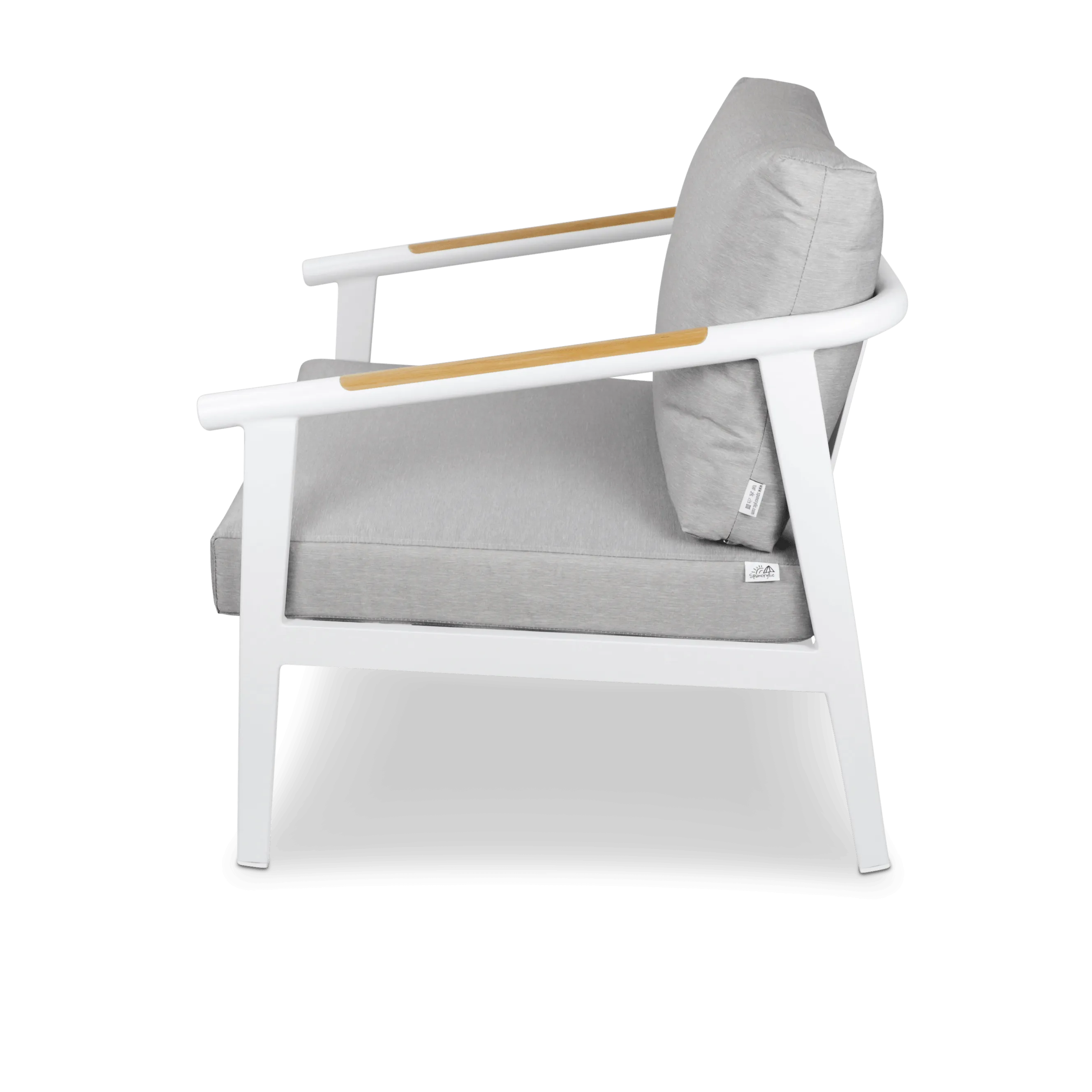 Porto Outdoor Armchair in Arctic White Aluminium Frame with Teak Polywood Accent and Spuncrylic Stone Grey Cushions