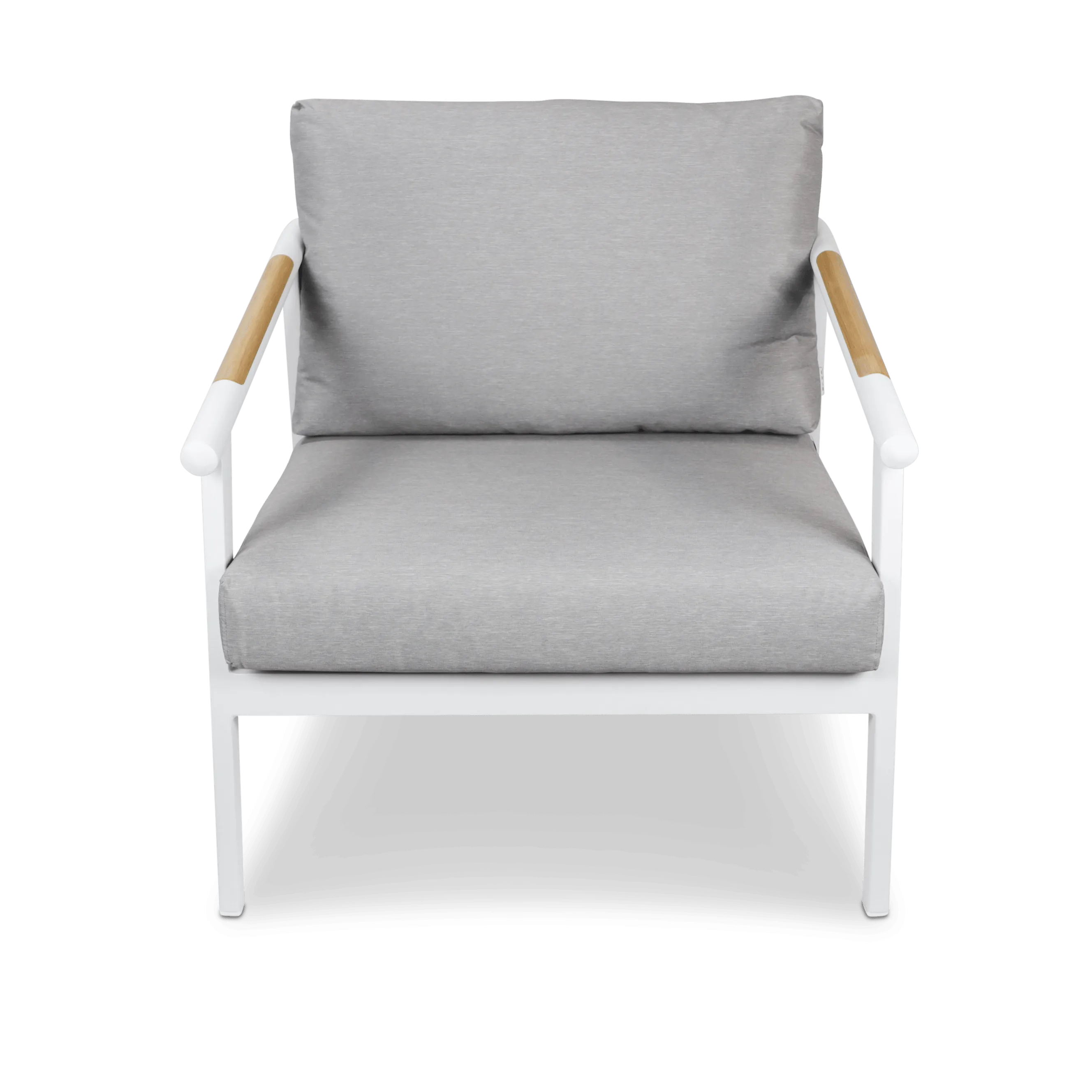 Porto Outdoor Armchair in Arctic White Aluminium Frame with Teak Polywood Accent and Spuncrylic Stone Grey Cushions