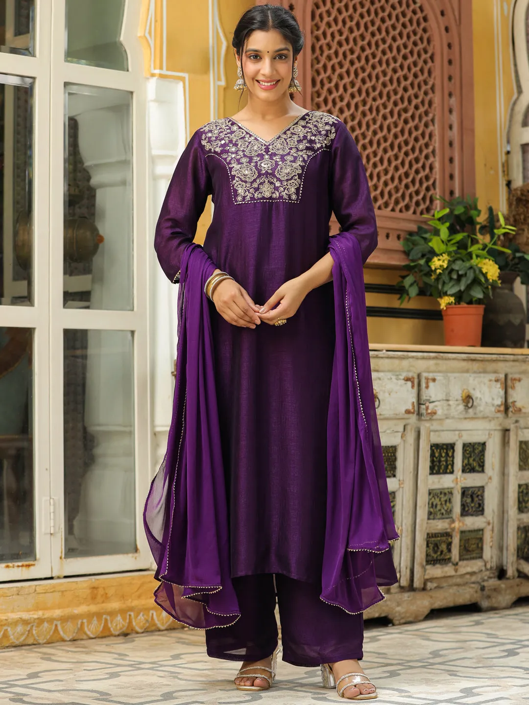 Purple Silk Blend Yoke Embroidered A-Line Kurta Set