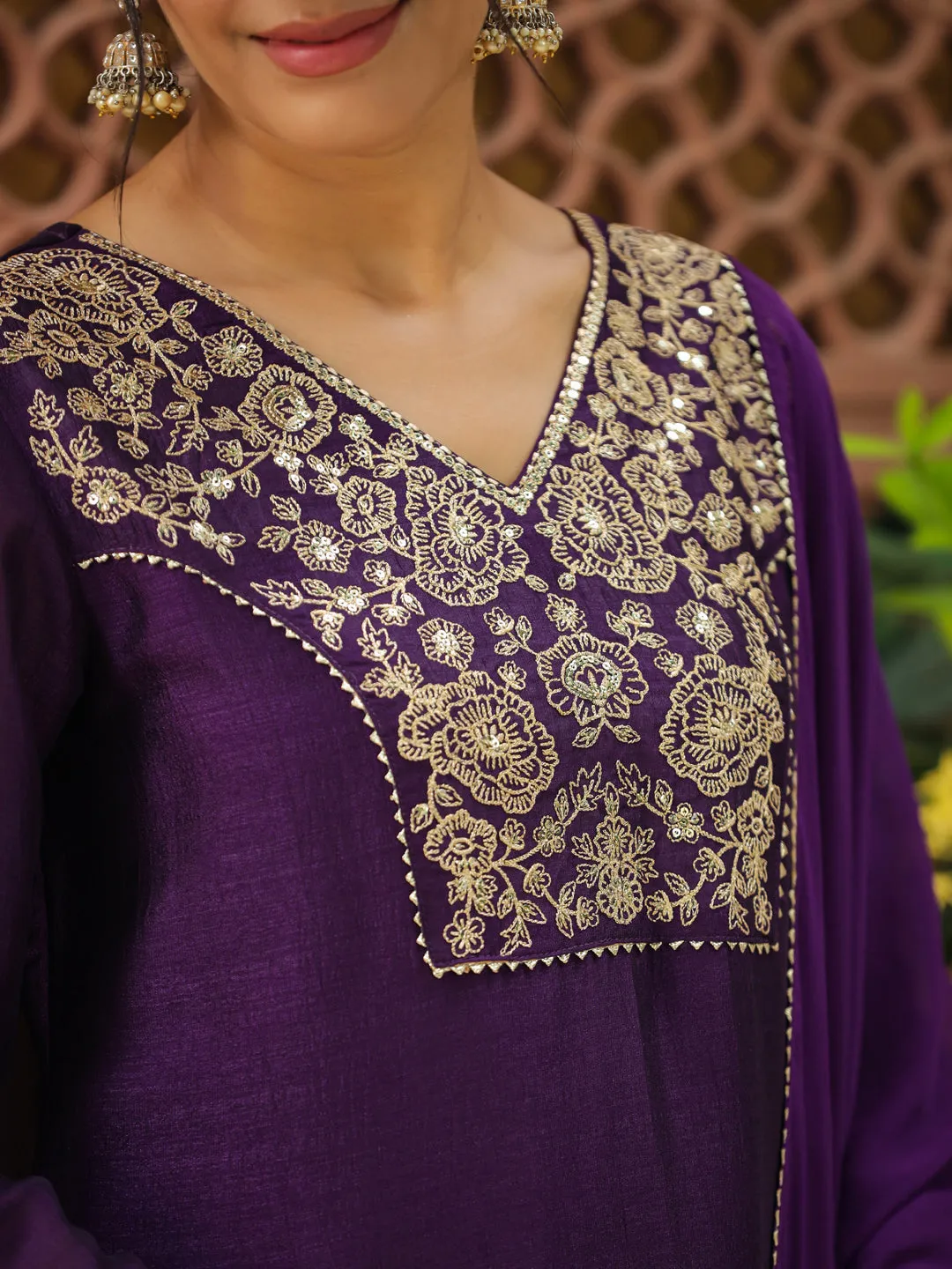 Purple Silk Blend Yoke Embroidered A-Line Kurta Set