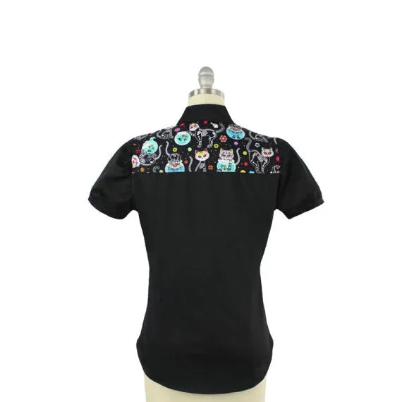 Rockabilly Kitty Kat Top With Snaps XS-4XL #KS-103