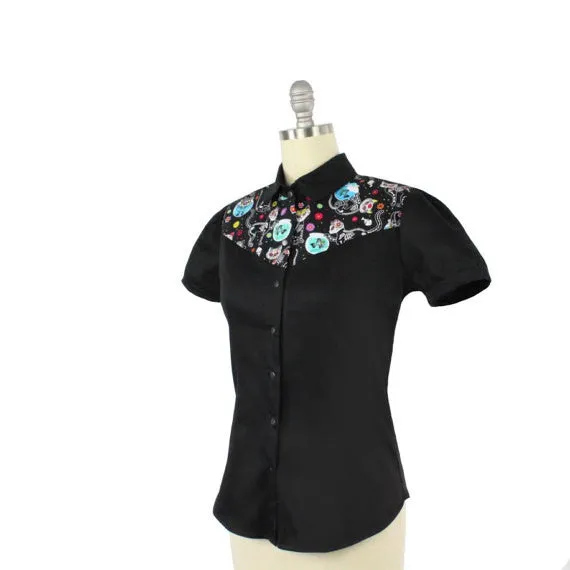 Rockabilly Kitty Kat Top With Snaps XS-4XL #KS-103