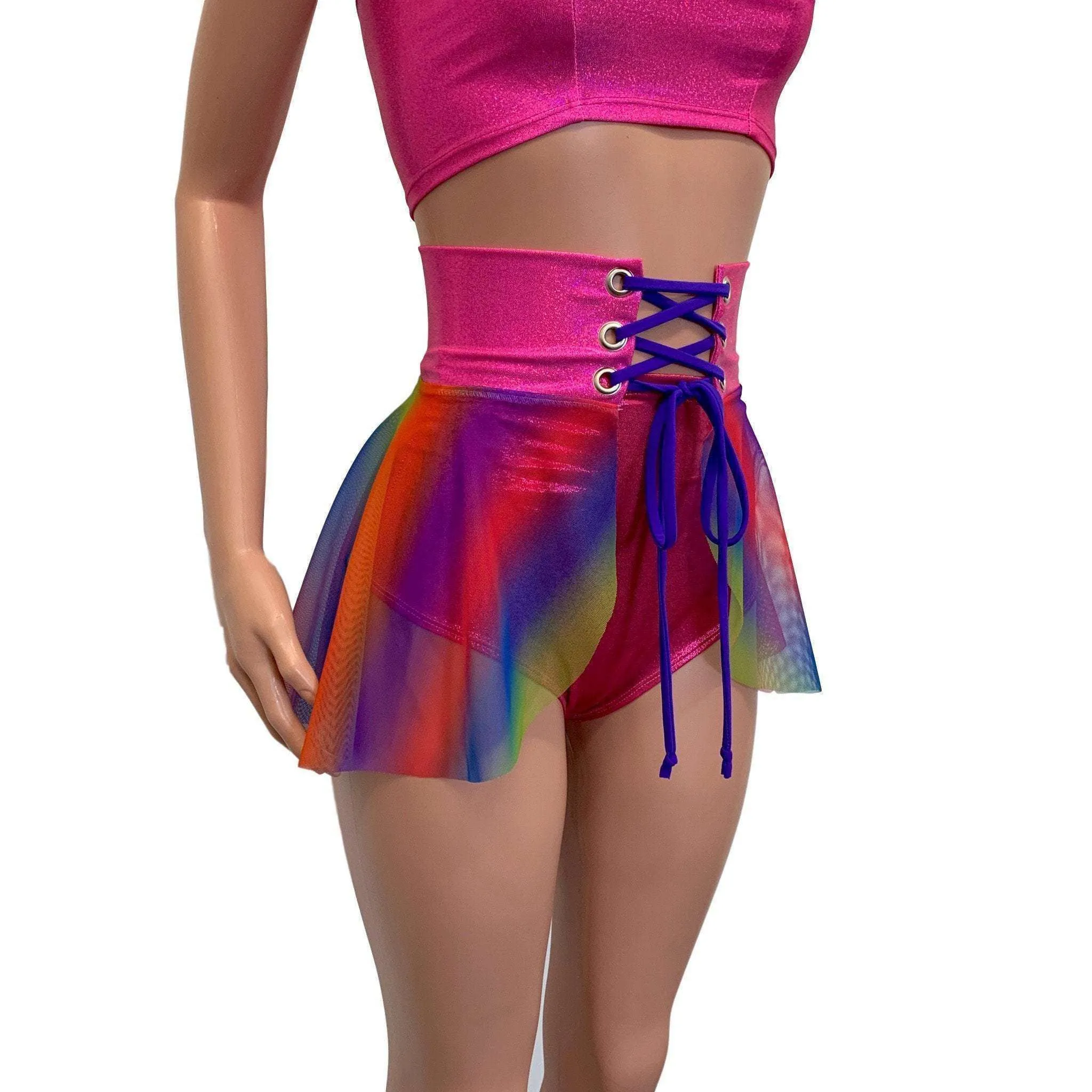 SALE - SMALL - Lace-Up Corset Skirt - Rainbow Mesh w/Pink Sparkle