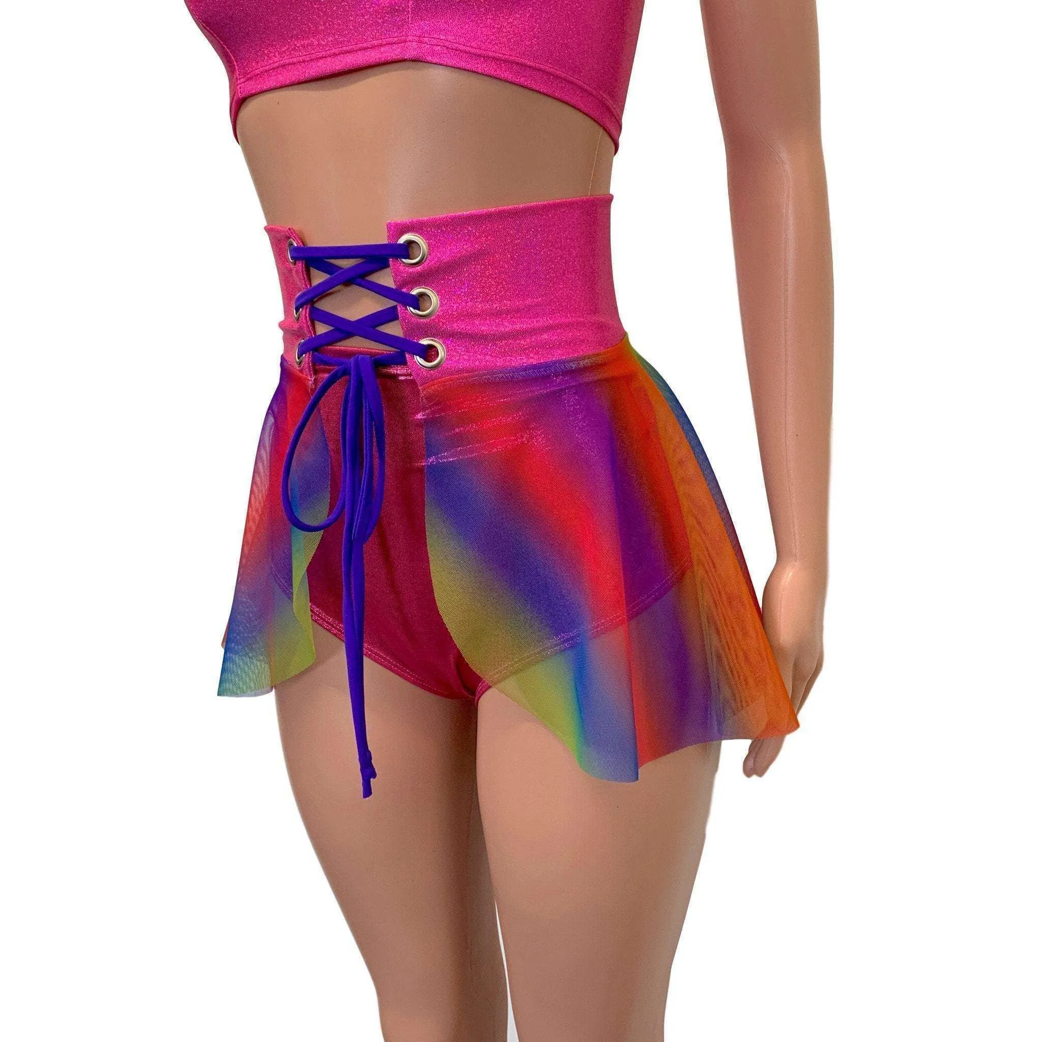 SALE - SMALL - Lace-Up Corset Skirt - Rainbow Mesh w/Pink Sparkle