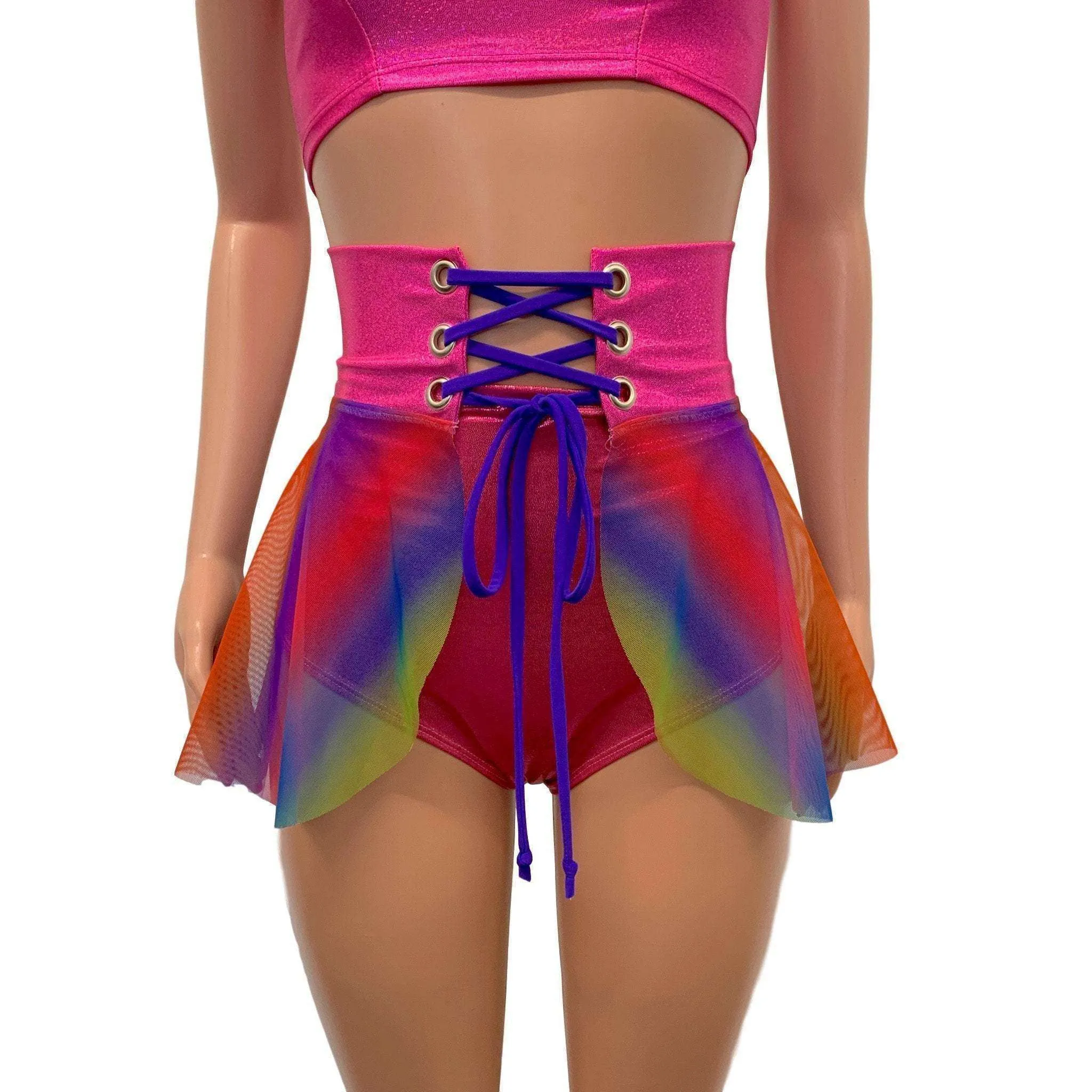 SALE - SMALL - Lace-Up Corset Skirt - Rainbow Mesh w/Pink Sparkle