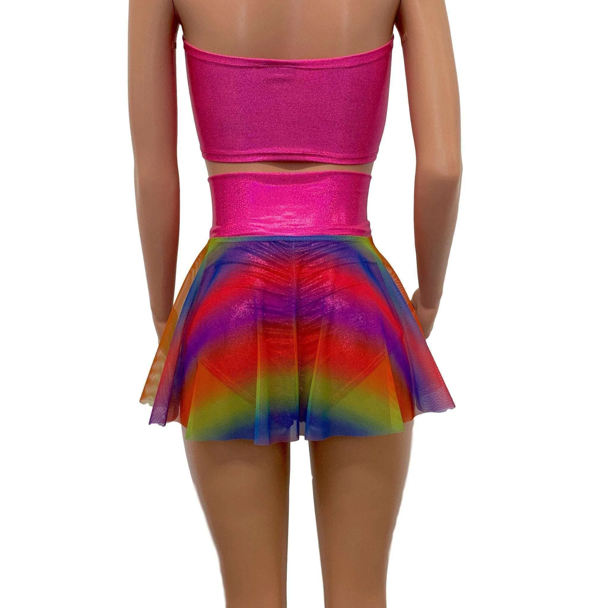 SALE - SMALL - Lace-Up Corset Skirt - Rainbow Mesh w/Pink Sparkle