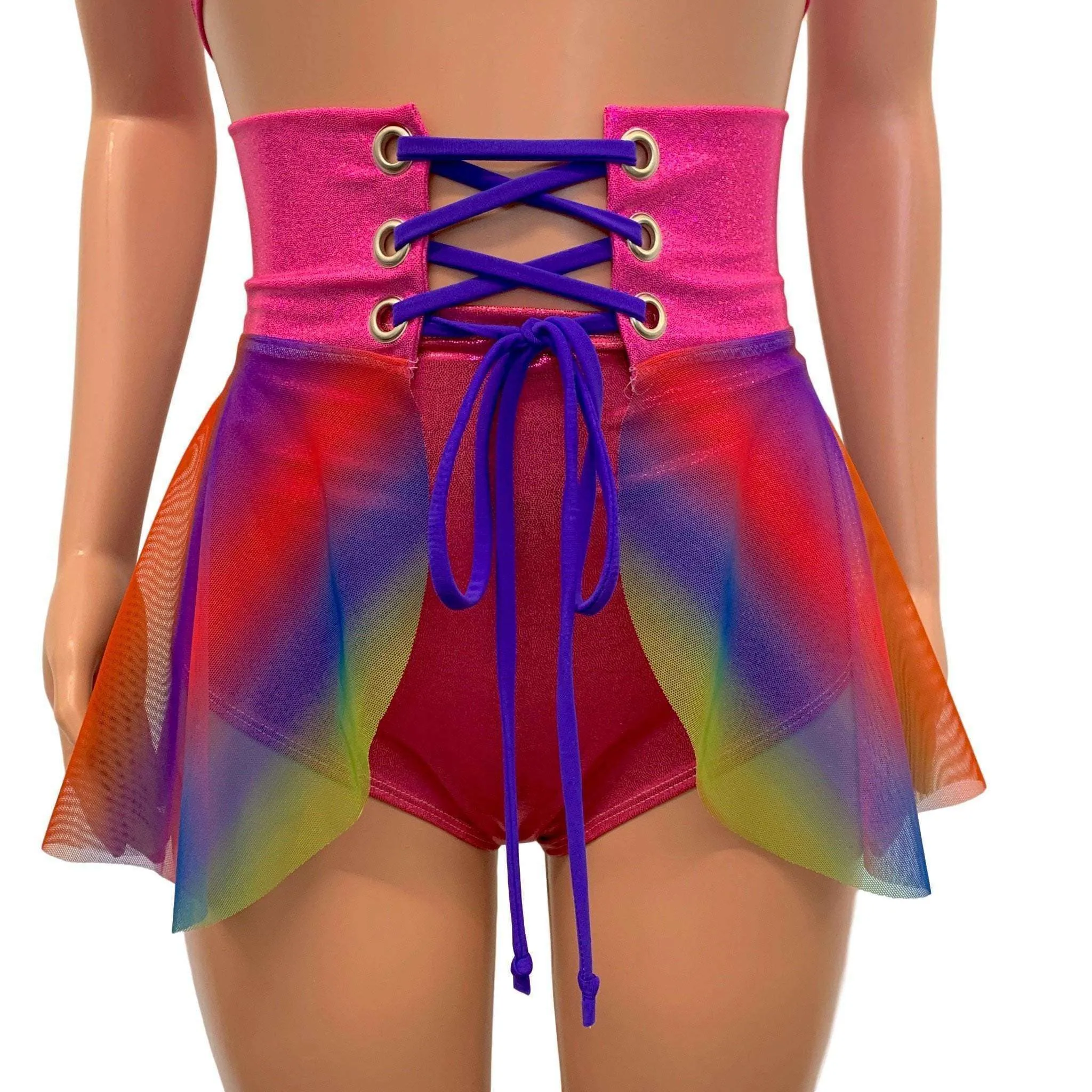 SALE - SMALL - Lace-Up Corset Skirt - Rainbow Mesh w/Pink Sparkle