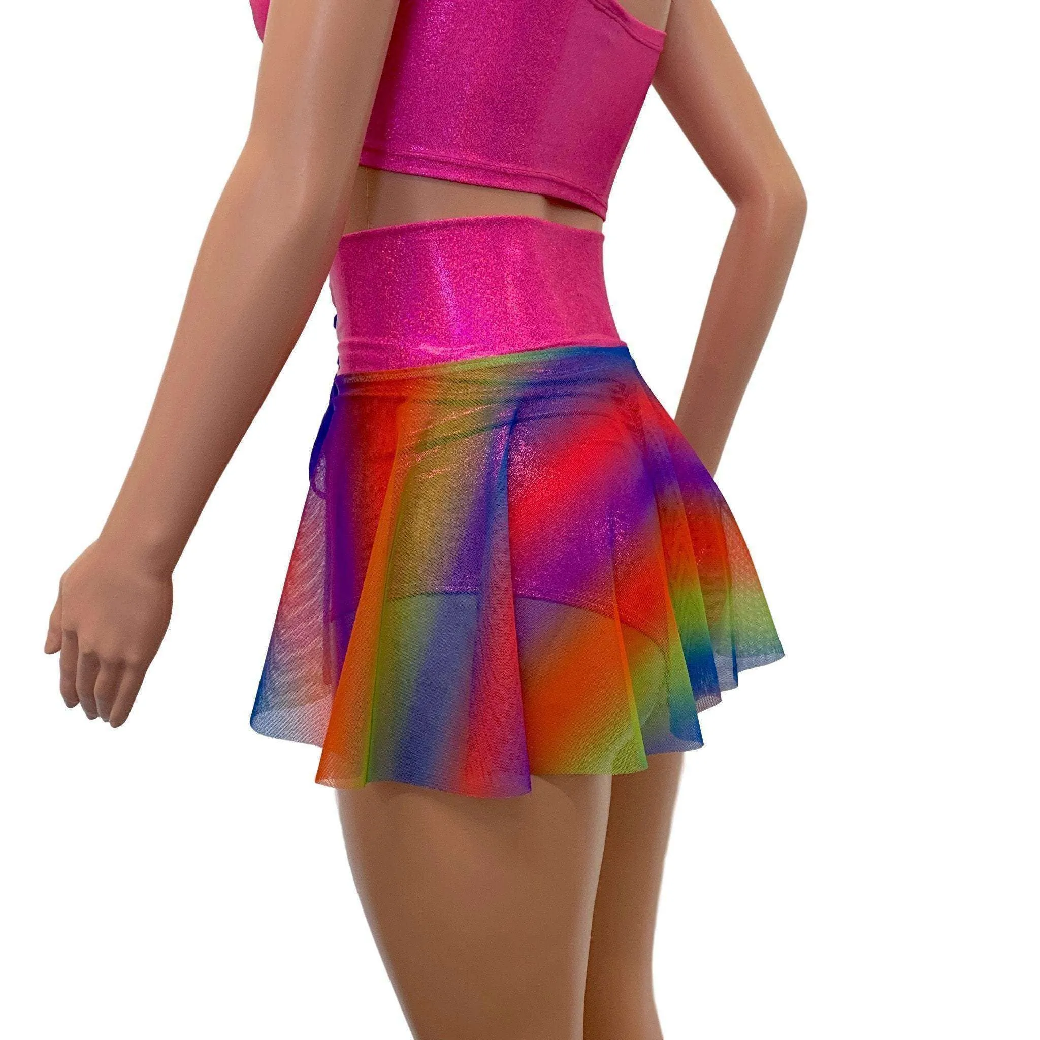 SALE - SMALL - Lace-Up Corset Skirt - Rainbow Mesh w/Pink Sparkle