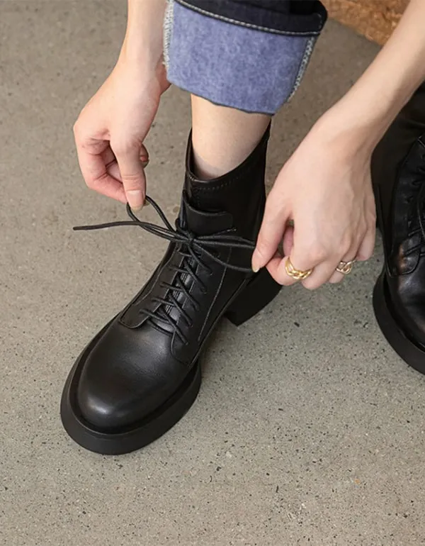 Spring Autumn Waterproof Lace-up Motorcycle Ankle Boots