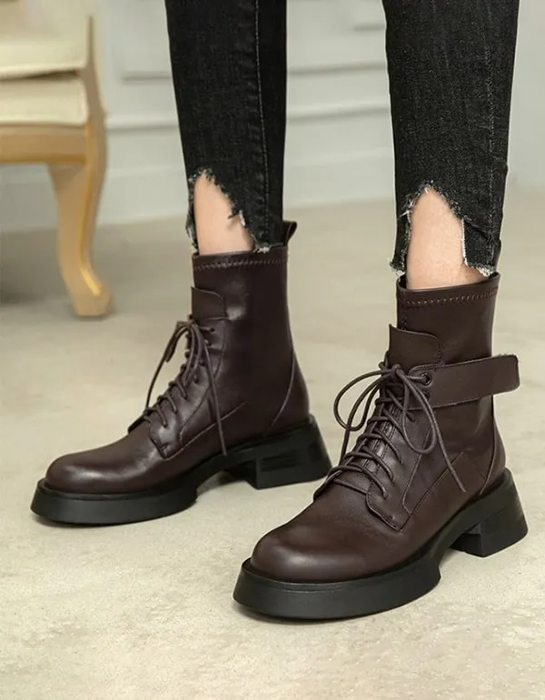 Spring Autumn Waterproof Lace-up Motorcycle Ankle Boots