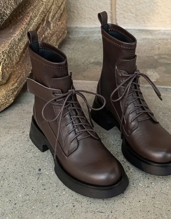 Spring Autumn Waterproof Lace-up Motorcycle Ankle Boots