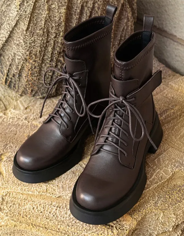 Spring Autumn Waterproof Lace-up Motorcycle Ankle Boots