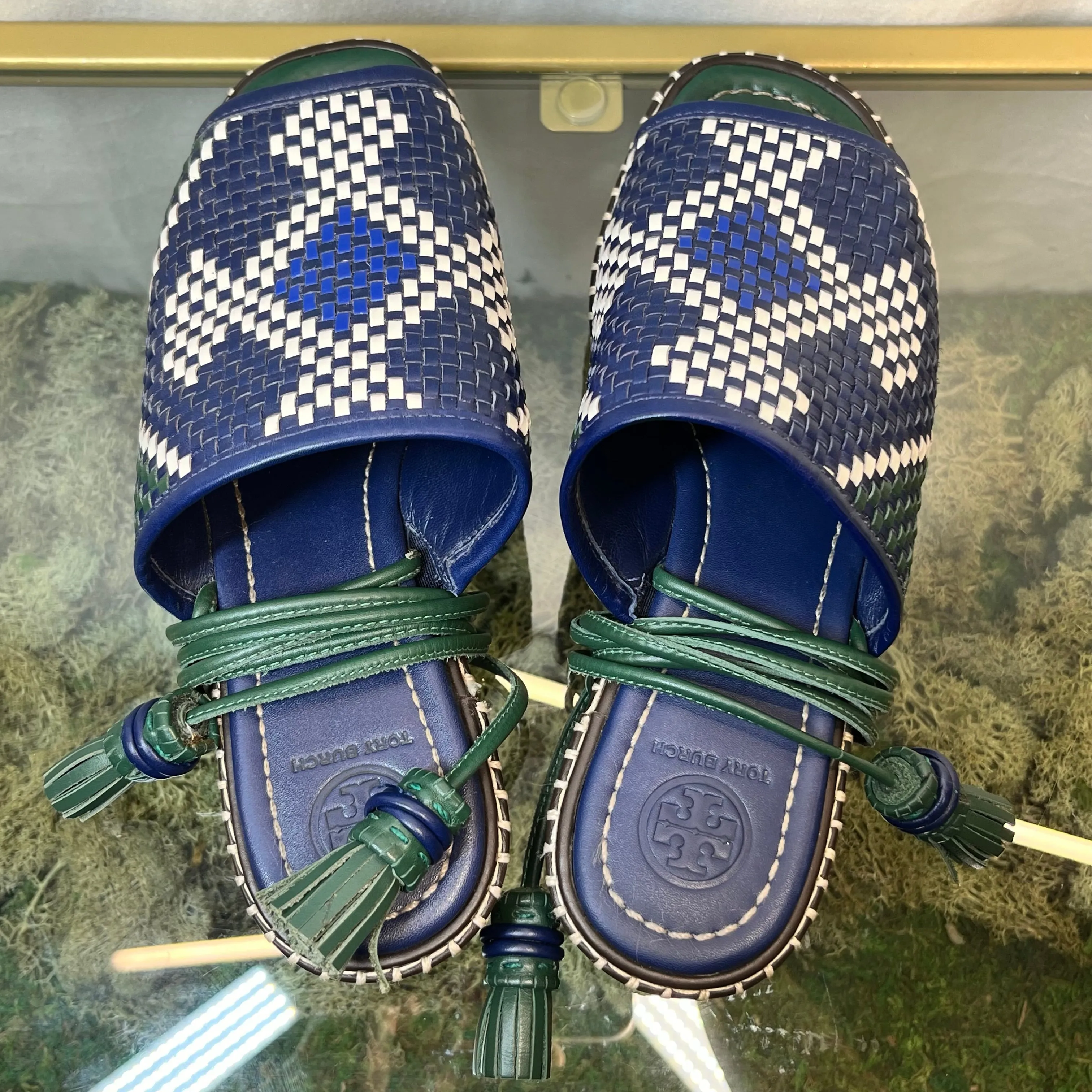 TORY BURCH Navy Blue White Green Woven Leather Platform Lace Up Sandals SZ7M