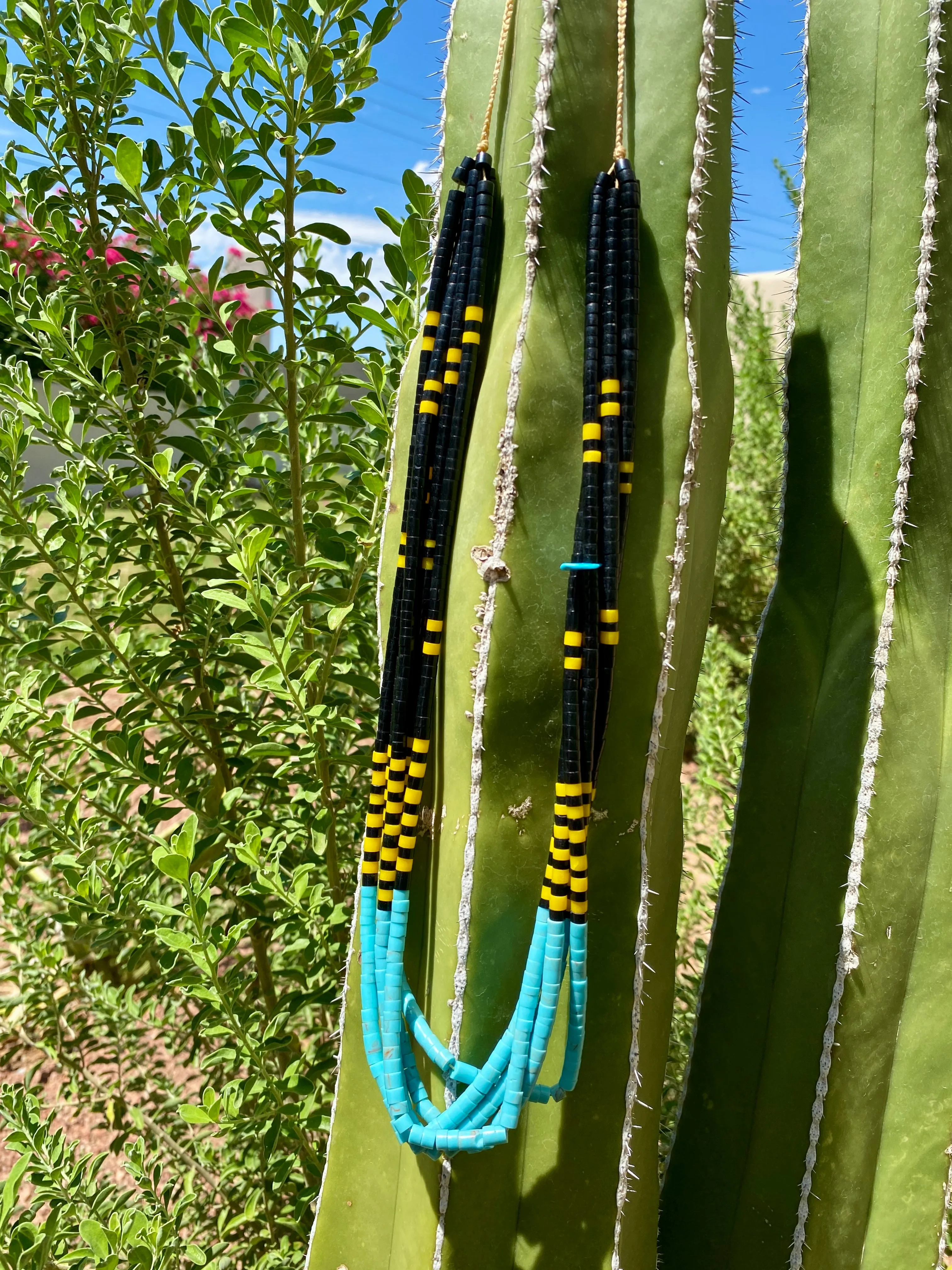 Turquoise, Black Jet, and Yellow Serpentine Heishi Style Necklace