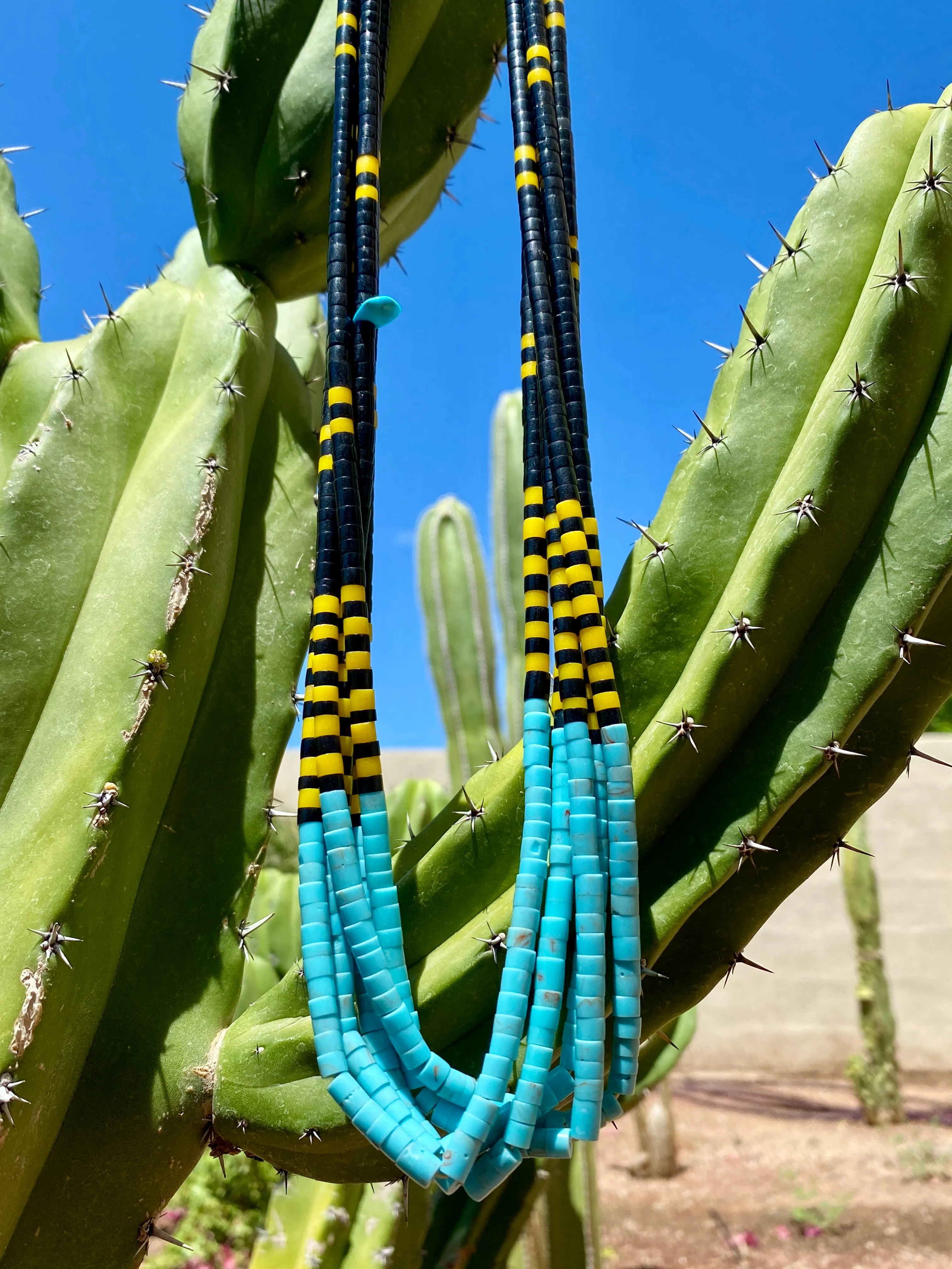 Turquoise, Black Jet, and Yellow Serpentine Heishi Style Necklace