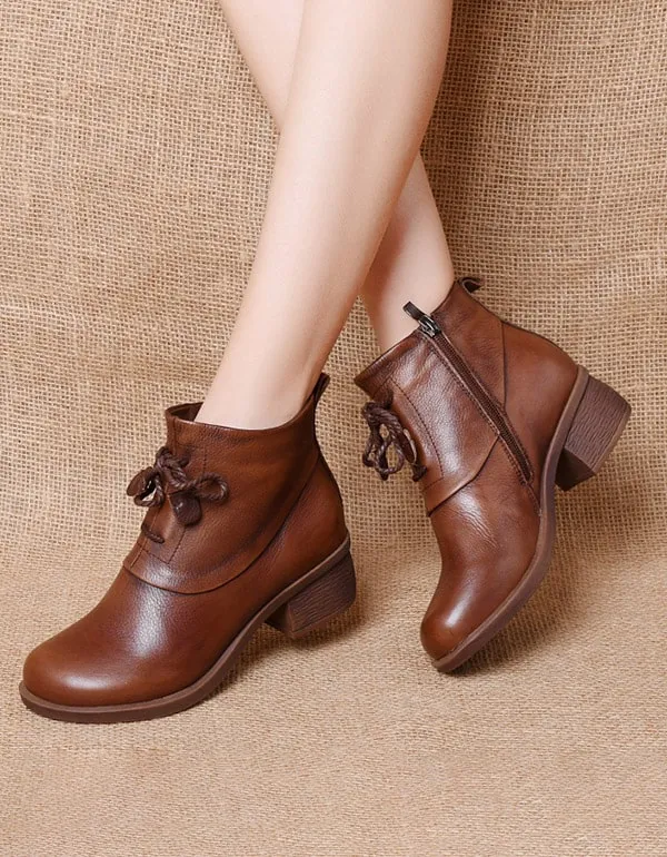 Women's Retro Leather Chunky Ankle Boots