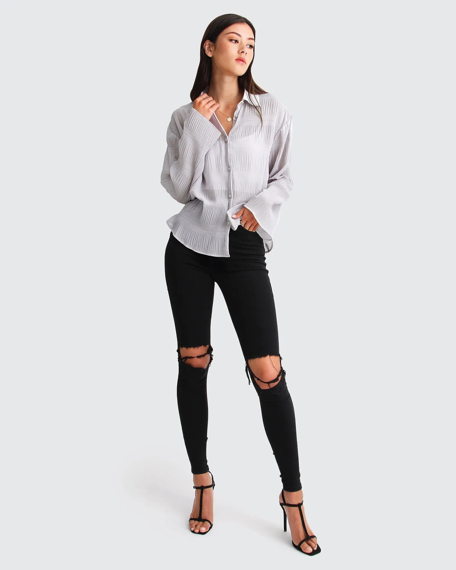 Yoko Shirred Chiffon Blouse  - Grey