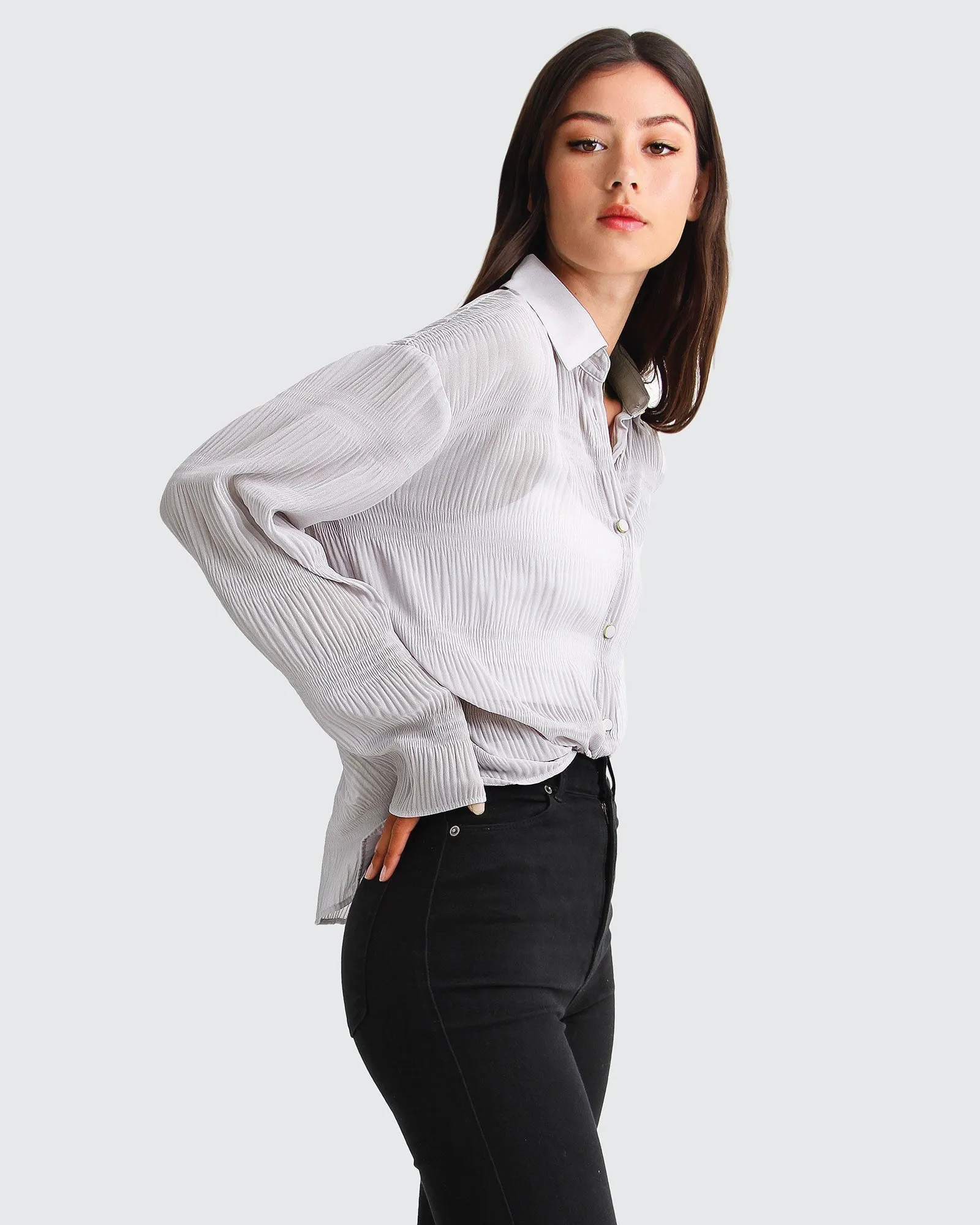 Yoko Shirred Chiffon Blouse  - Grey